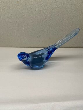 Blue bird of Happiness. Solid Blue Glass Long Tail Figurine